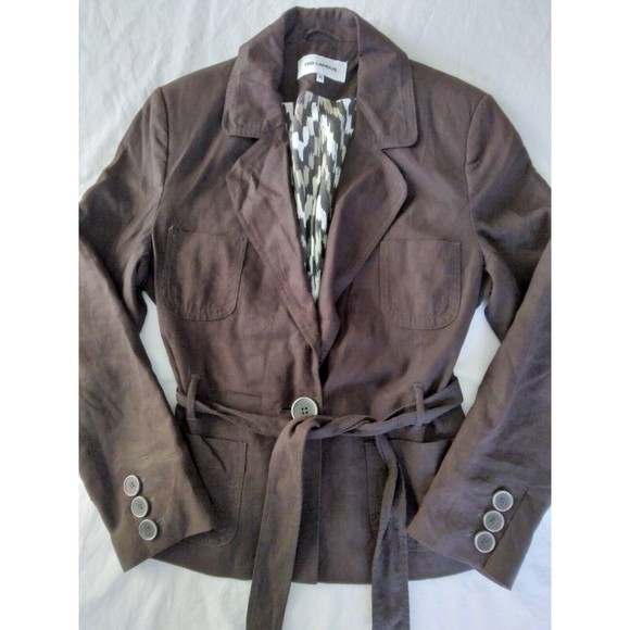 Ted Lapidus Blazer Linen Blend Belted Brown Womens Size FR 46 US 12 - Picture 3 of 10